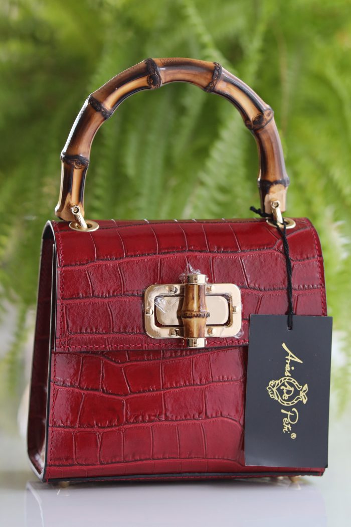 Leder Damen Handtasche rot, Bambusgriff und abnehmbare Tragekette – Bild 5