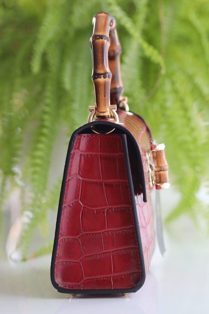 Leder Damen Handtasche rot, Bambusgriff und abnehmbare Tragekette – Bild 3