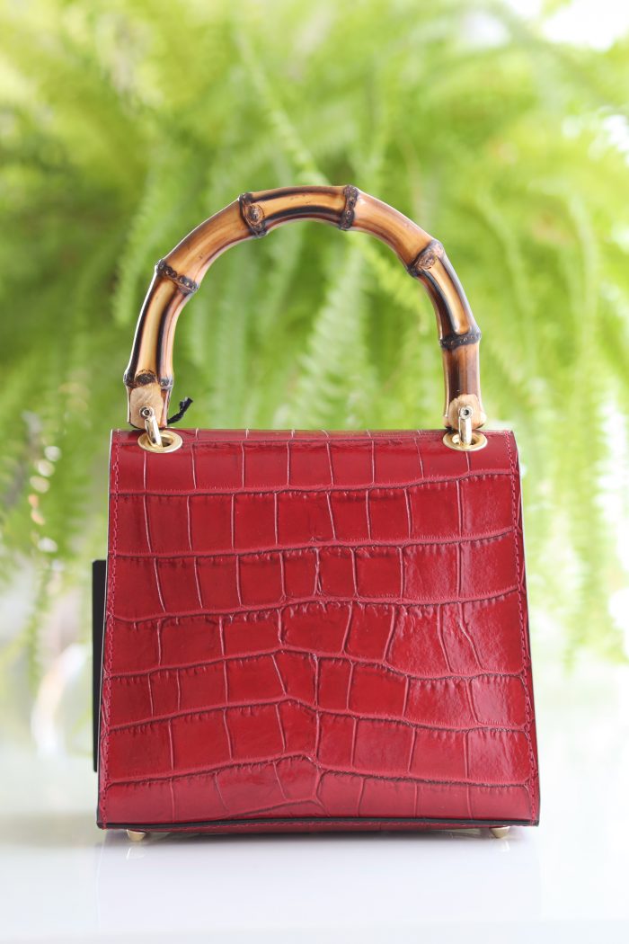 Leder Damen Handtasche rot, Bambusgriff und abnehmbare Tragekette – Bild 2