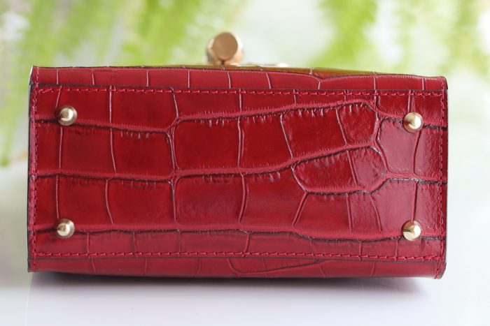 Leder Damen Handtasche rot, Bambusgriff und abnehmbare Tragekette – Bild 4