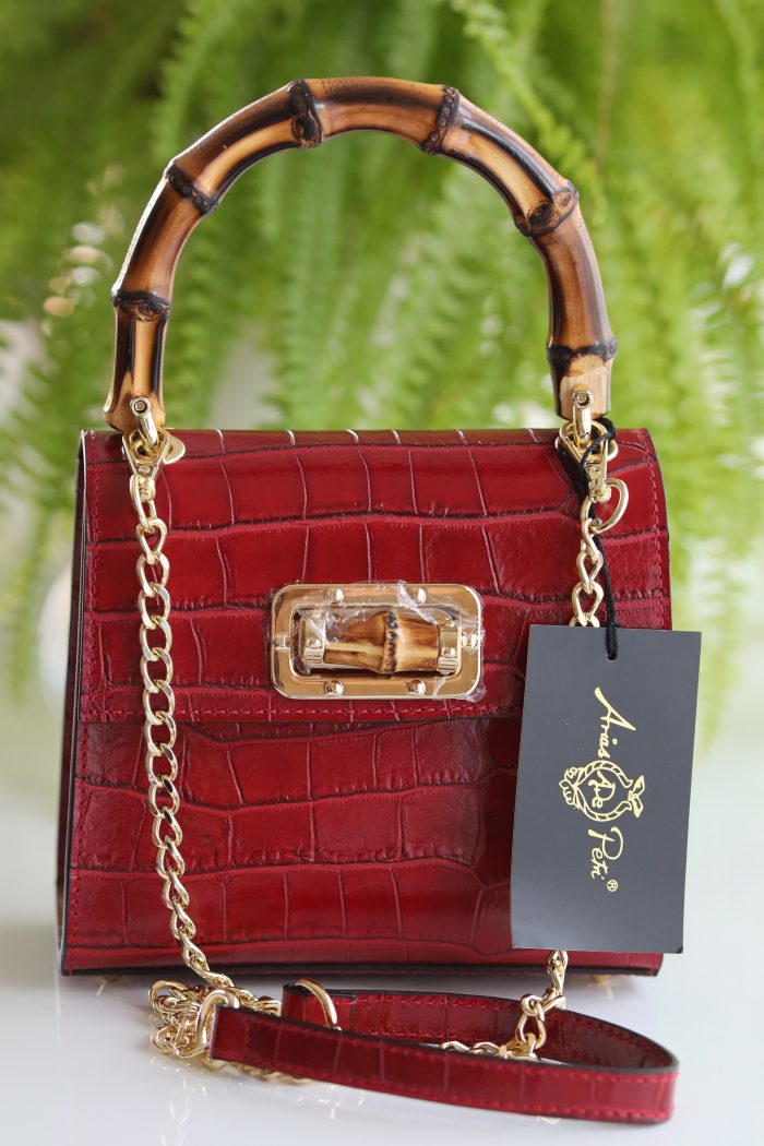 Leder Damen Handtasche rot, Bambusgriff und abnehmbare Tragekette