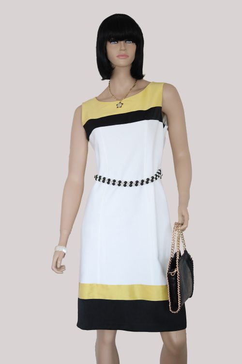 Elegantes Sommerkleid von Arias De Petri in den Farben Weiß, Senfgelb und Schwarz
