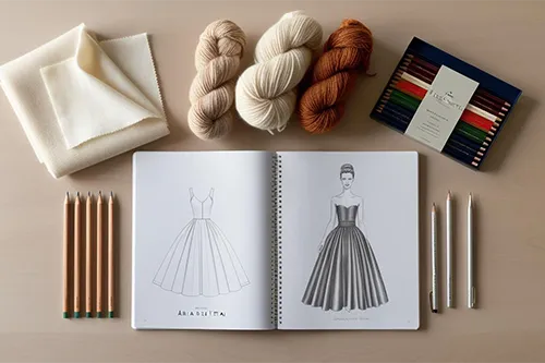 Modeentwürfe mit Wollmustern und Designwerkzeugen