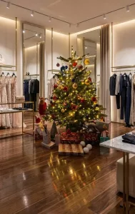 Festlich geschmückter Weihnachtsbaum mit goldenen und roten Kugeln im eleganten Showroom von Atelier Arias De Petri in Stuttgart, der sich auf dem hochglänzenden Holzboden spiegelt.