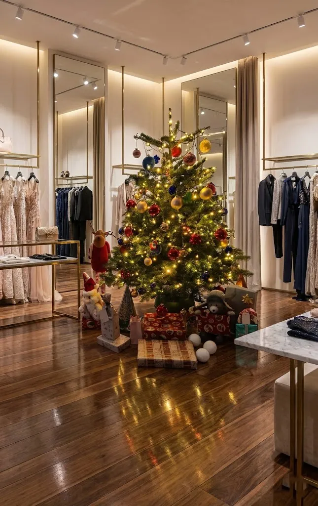 Festlich geschmückter Weihnachtsbaum mit goldenen und roten Kugeln im eleganten Showroom von Atelier Arias De Petri in Stuttgart, der sich auf dem hochglänzenden Holzboden spiegelt.