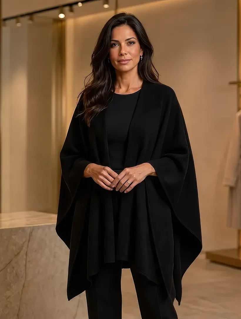 Model in einem eleganten schwarzen Cape und schwarzem Outfit in einer luxuriösen Modeboutique mit Marmor und goldener Beleuchtung.