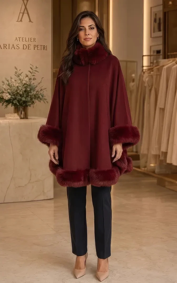 Model in einer bordeauxroten Cape mit voluminösem Pelzbesatz an Kragen, Ärmeln und Saum im Atelier Arias de Petri.