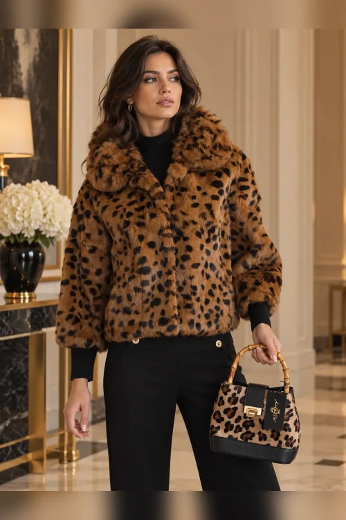 Damenjacke in Braun mit schwarzem Leopardenmuster und voluminösem Kunstfellkragen, kombiniert mit schwarzer Hose und passender Handtasche im Leopardenlook.