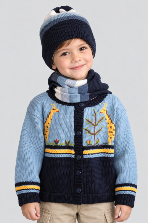 Kind mit hellblauer und dunkelblauer Strickjacke mit Giraffenmotiv, passender Strickmütze und gestreiftem Schal.